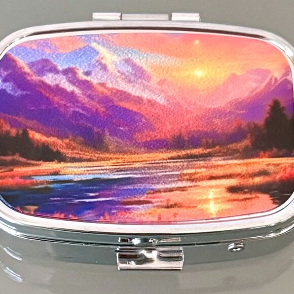 Scenic Sunrise Nature Mountains Purse Vitamin Pill Box Secure Travel Container - Picture 1 of 2